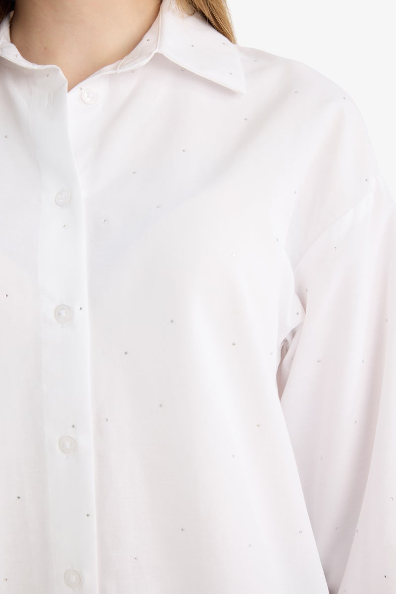 DeFacto White Woman Relax Fit Poplin Shirt Collar Long Sleeve Tunic Casual - Image 4